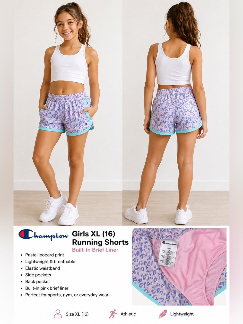 Champion Girls XL 16 Leopard Print Running Shorts Built-In Brief Liner